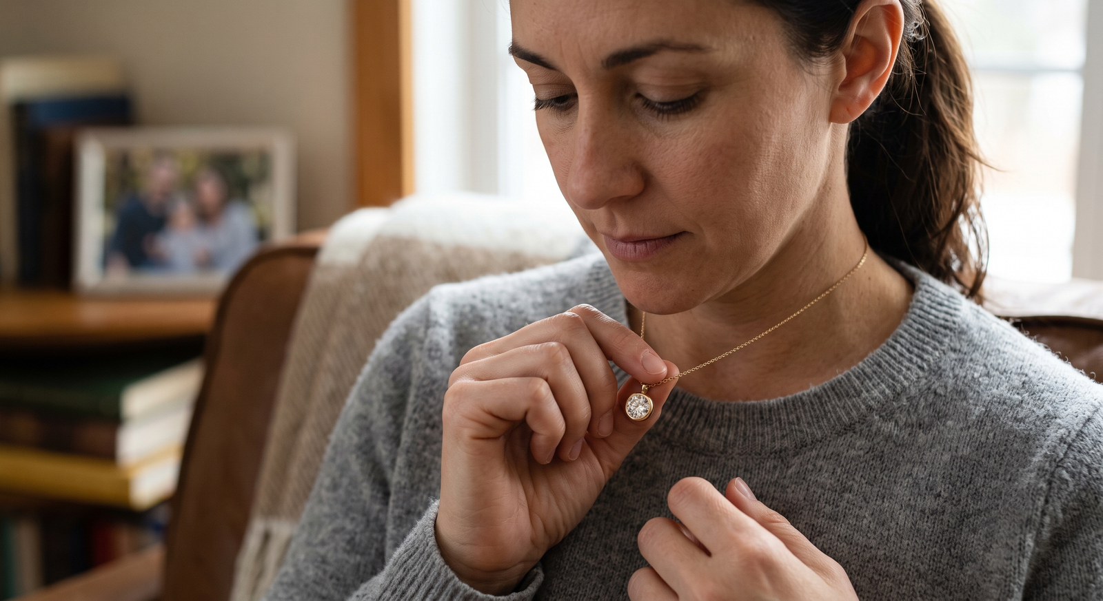  Memorial diamond pendant worn daily as a close, personal keepsake