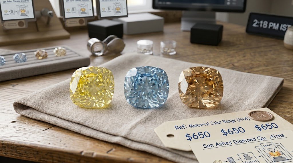 hree memorial diamonds in yellow, blue and champagne tones photographed side by side on a neutral background