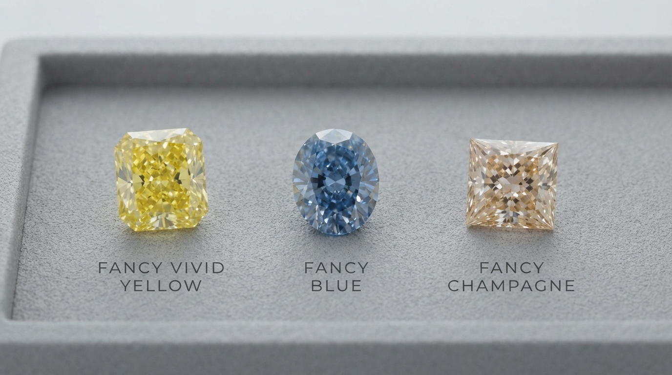 Three loose memorial diamonds yellow, blue, and champagne on a gray grading tray