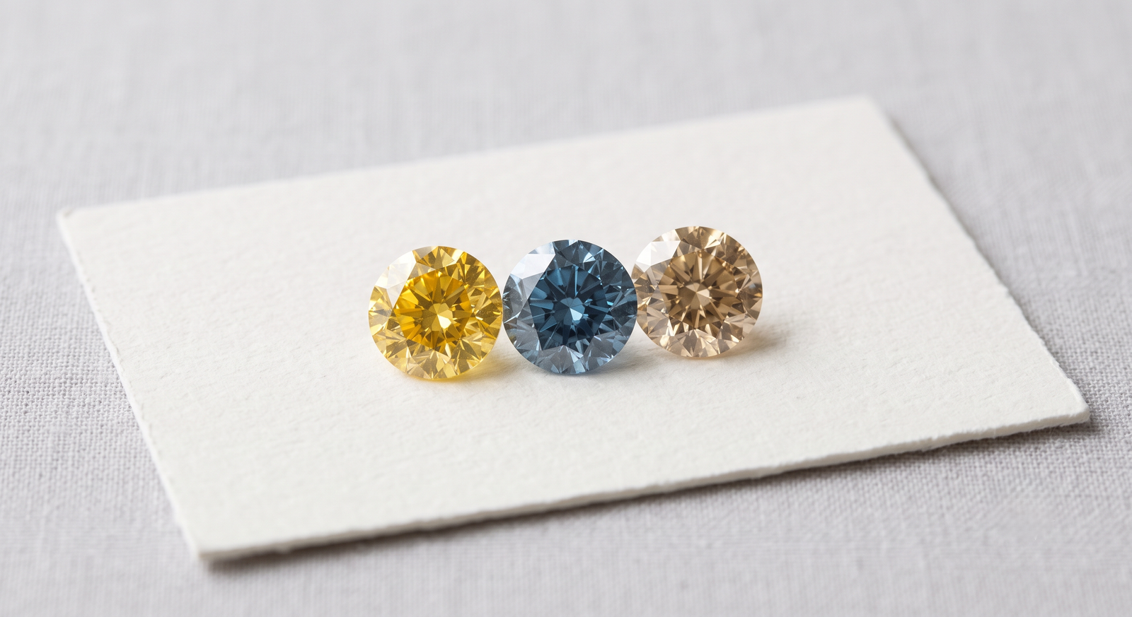 Three memorial diamonds in yellow, blue and champagne tones on white card