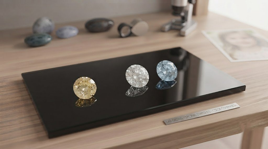 Three loose lab-grown diamonds in yellow, blue and colorless tones under neutral daylight lighting