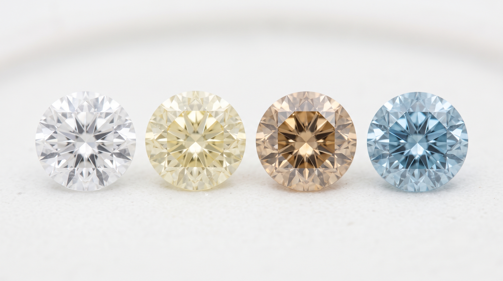 Four memorial diamonds arranged left to right from colorless through pale yellow, champagne, and blue 