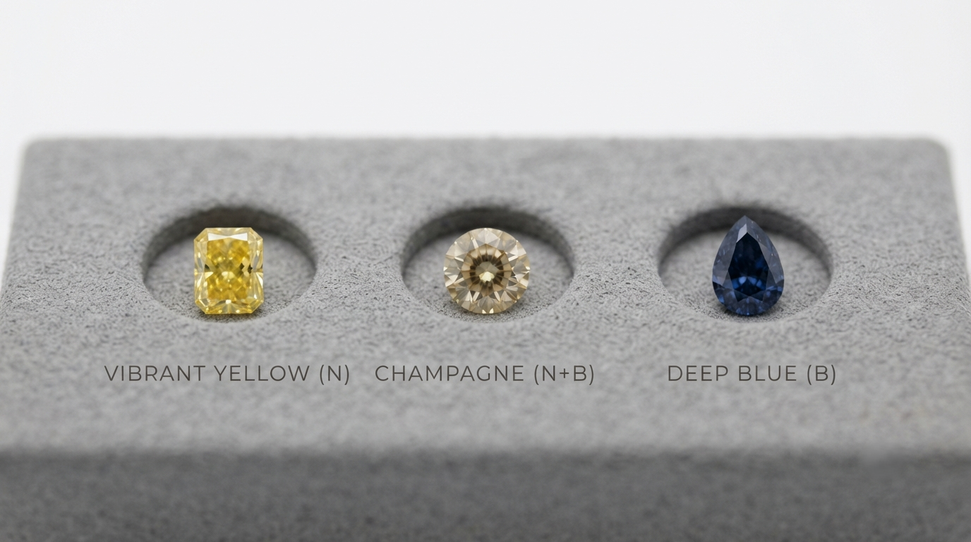 Three loose memorial diamonds in yellow, champagne, and blue on a gray grading tray
