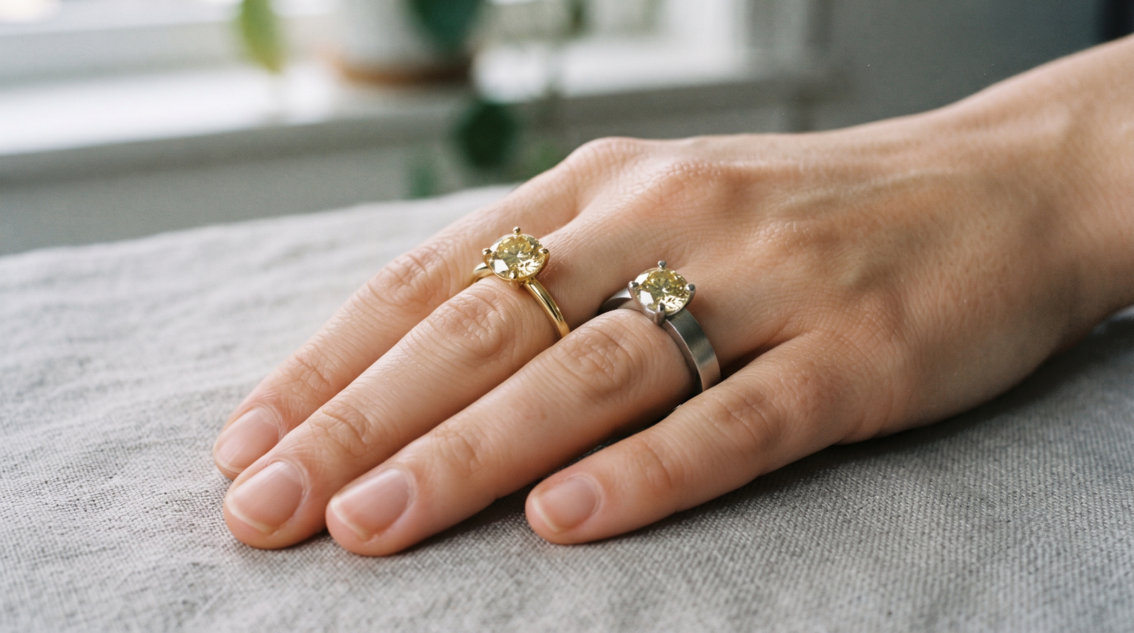 A yellow-toned memorial diamond shown set in yellow gold beside an identical stone set in platinum, on a hand