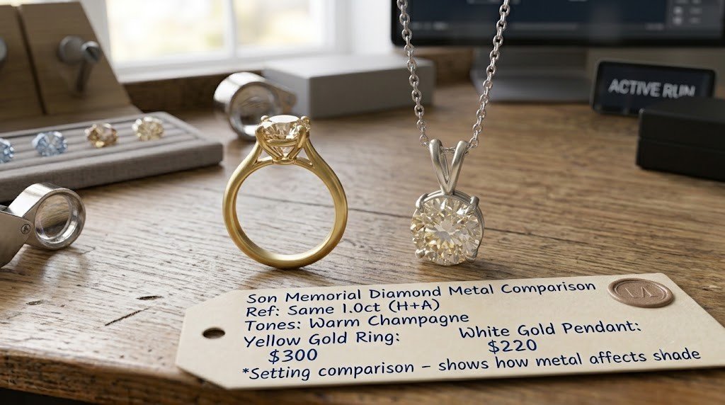 The same warm-toned memorial diamond shown set in yellow gold and in white gold for comparison