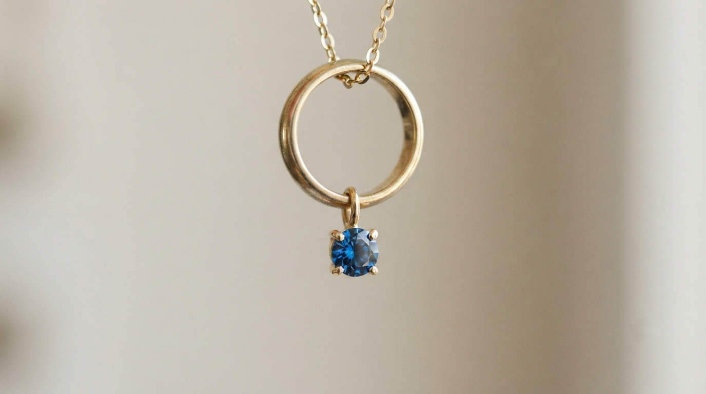 An intact men's gold wedding band used as the bail of a pendant, with a small blue diamond framed beneath it
