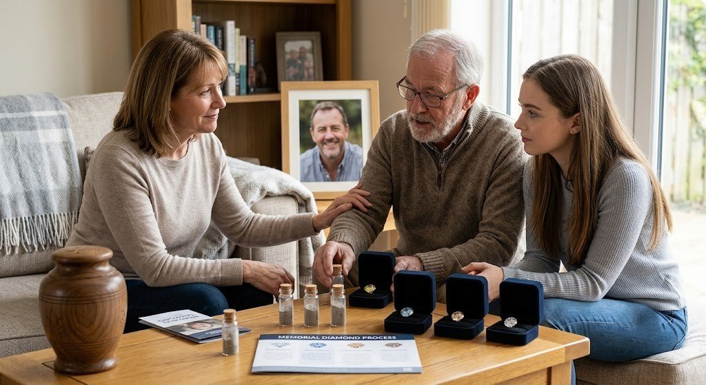 Family members discussing how to divide a loved one's ashes among several memorial diamonds