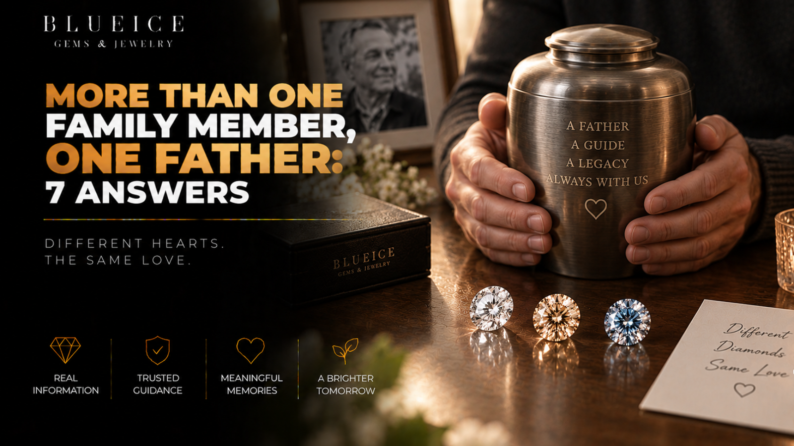 One family member's hands holding a closed urn while three small lab-grown memorial diamonds sit on the table in front of it