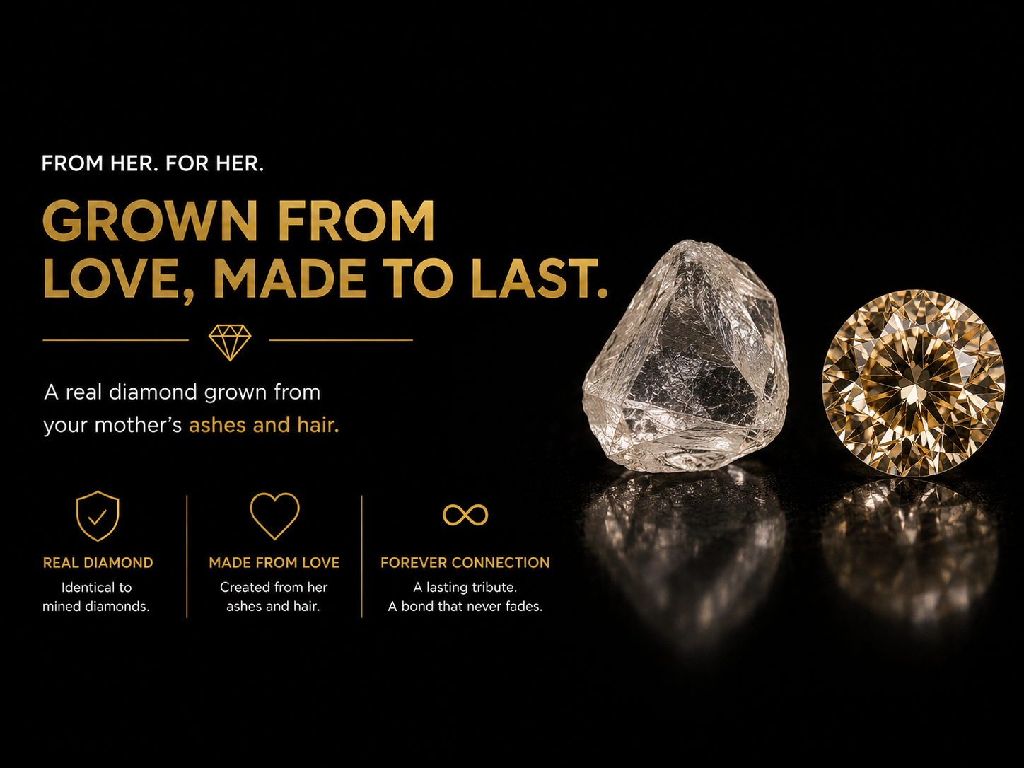 Rough diamond crystal grown from ash-derived carbon resting beside a finished champagne-toned cut stone
