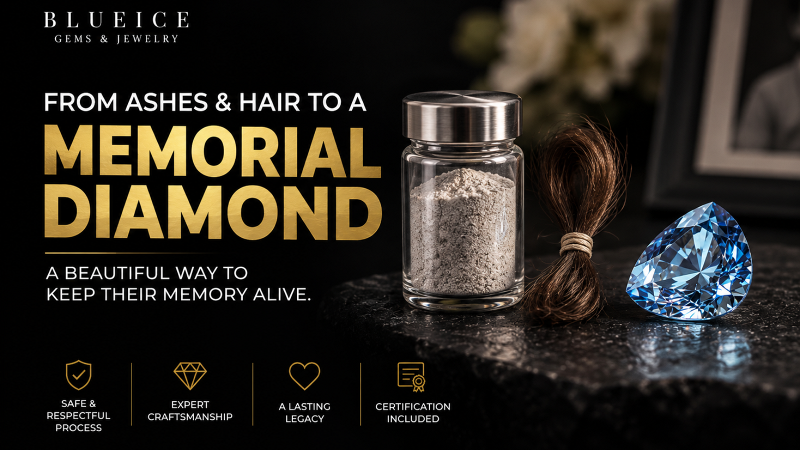 Sealed container of cremated remains and a bound lock of hair side by side beside a finished memorial diamond