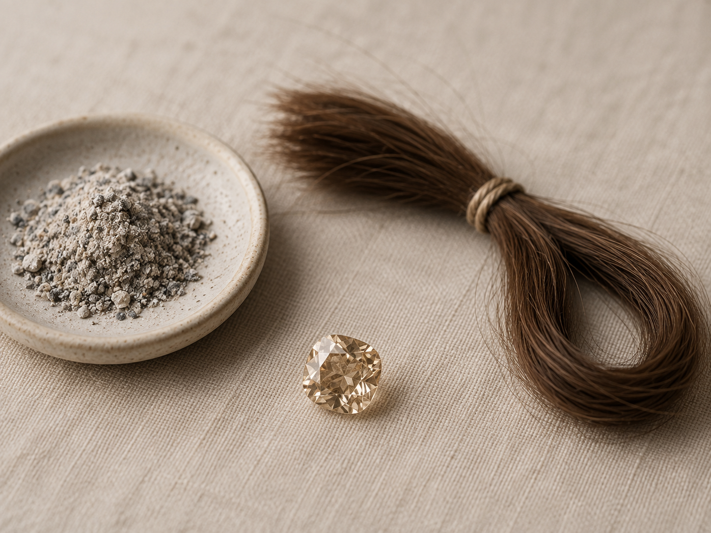 Small portion of cremated ashes in a dish beside a tied lock of hair and a pale champagne memorial diamond on a linen surface
