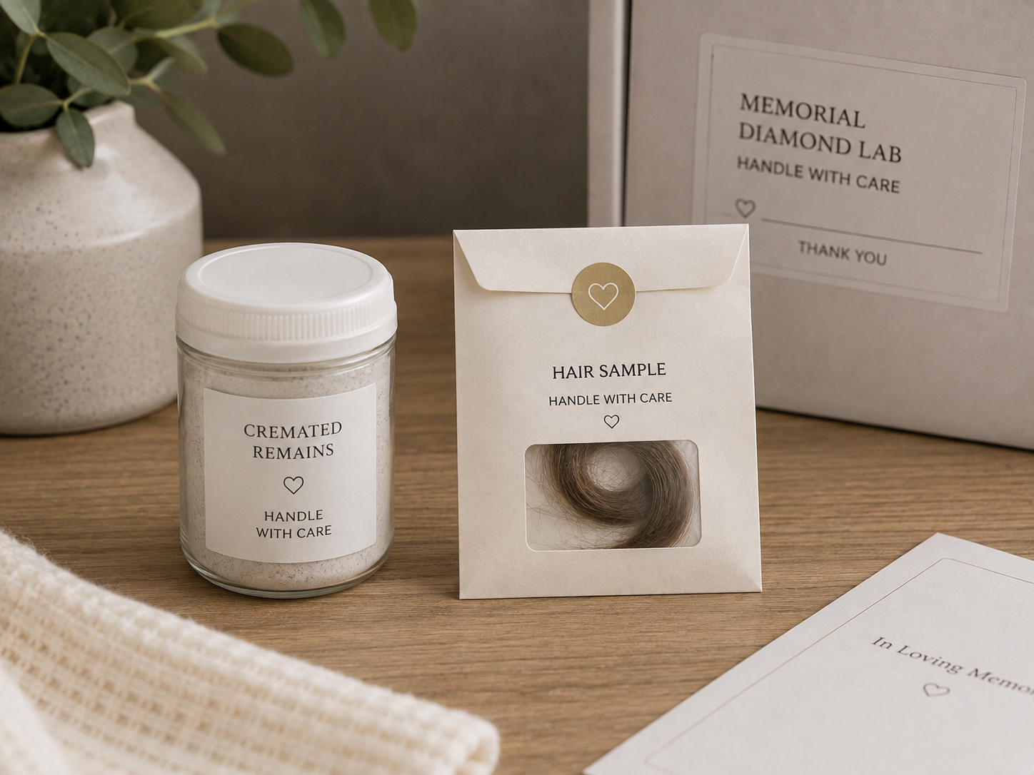 Two small labeled containers side by side — a sealed ash container and a paper envelope holding a lock of hair — ready for shipping to a memorial diamond lab