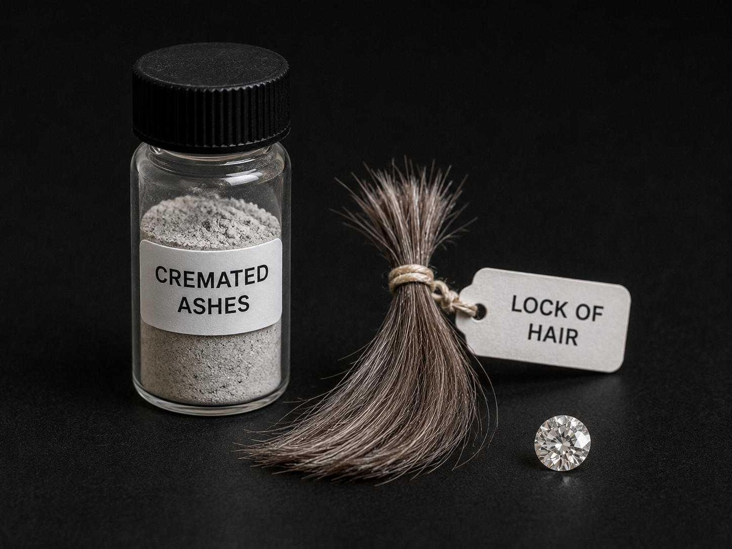 A labeled vial of cremated ashes and a tied lock of hair side by side beside a loose lab-grown memorial diamond