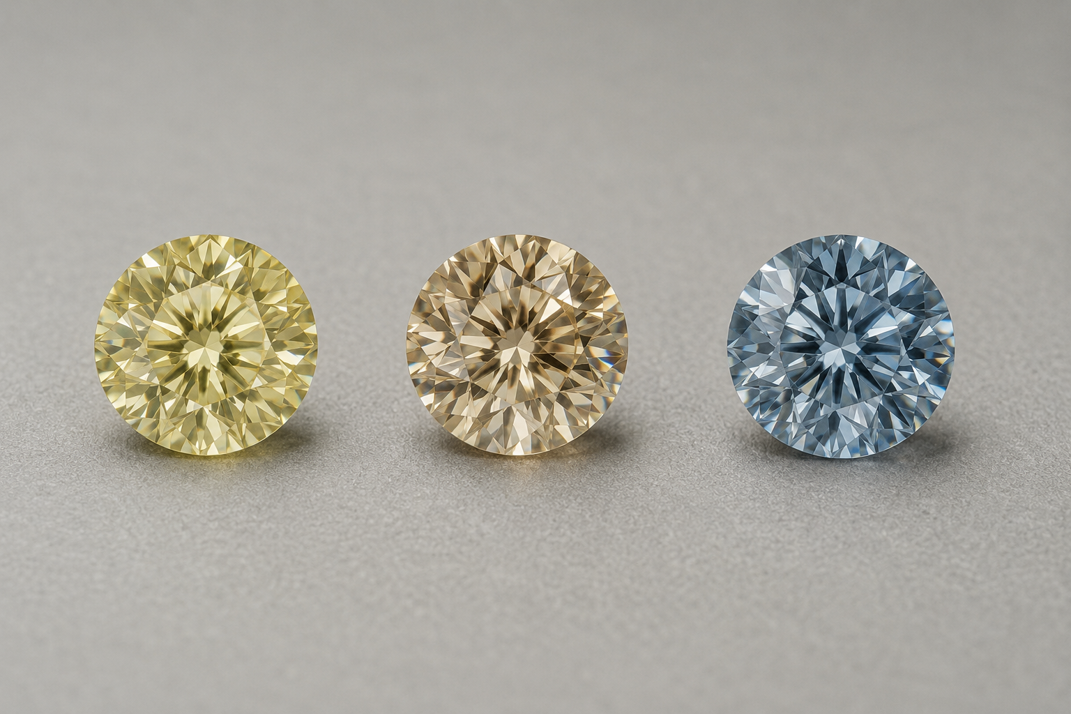 Three loose memorial diamonds grown from cremated ashes in yellow, champagne, and blue tones side by side on a neutral gray surface