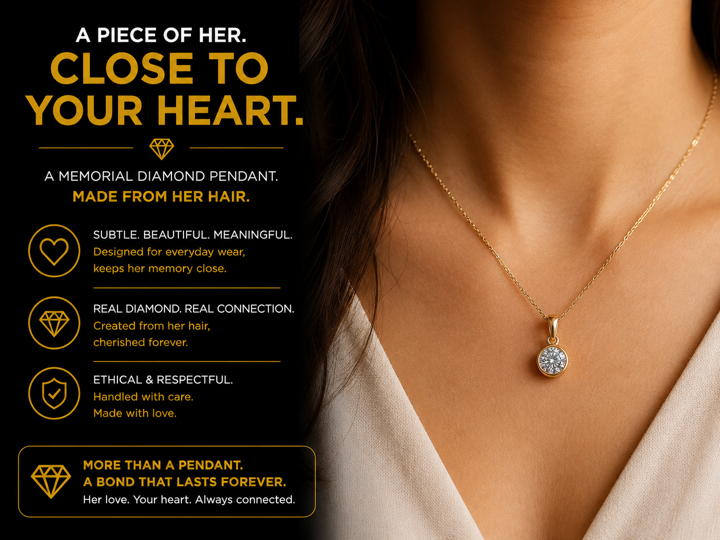 Memorial diamond pendant worn at the collarbone, showing the everyday scale of the stone