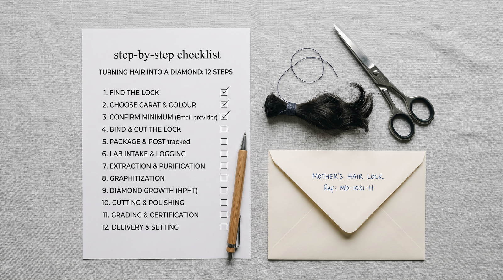 Numbered checklist beside a thread-bound lock of hair, scissors, and a paper envelope on a linen surface