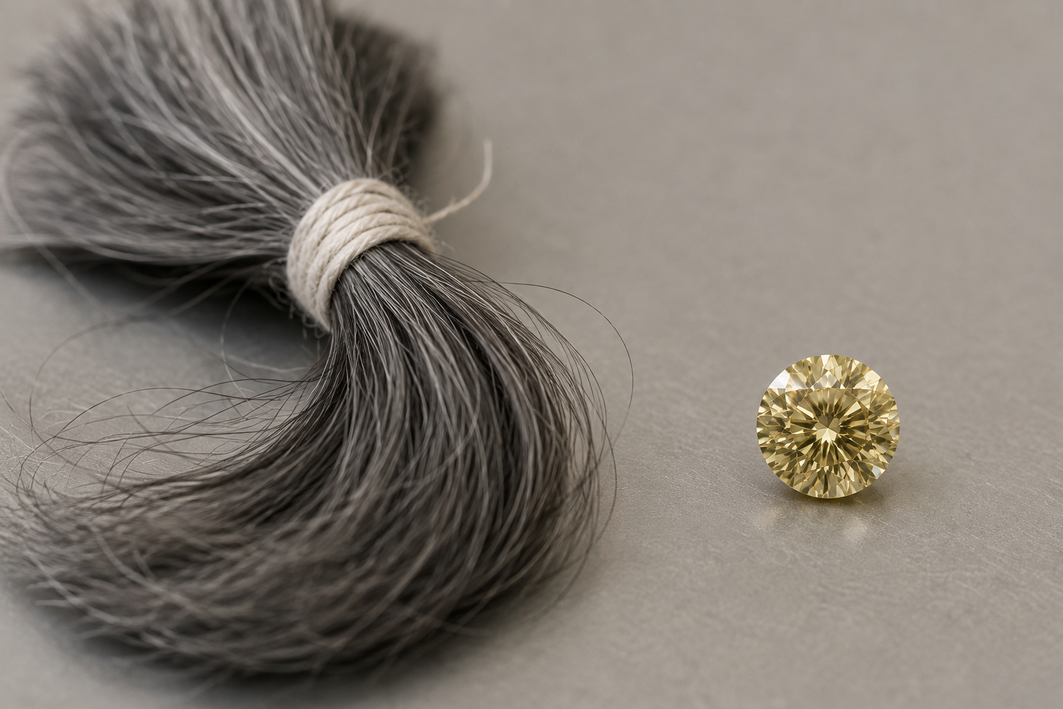 A lock of grey hair tied with thread beside a yellow-toned lab-grown memorial diamond on a neutral surface