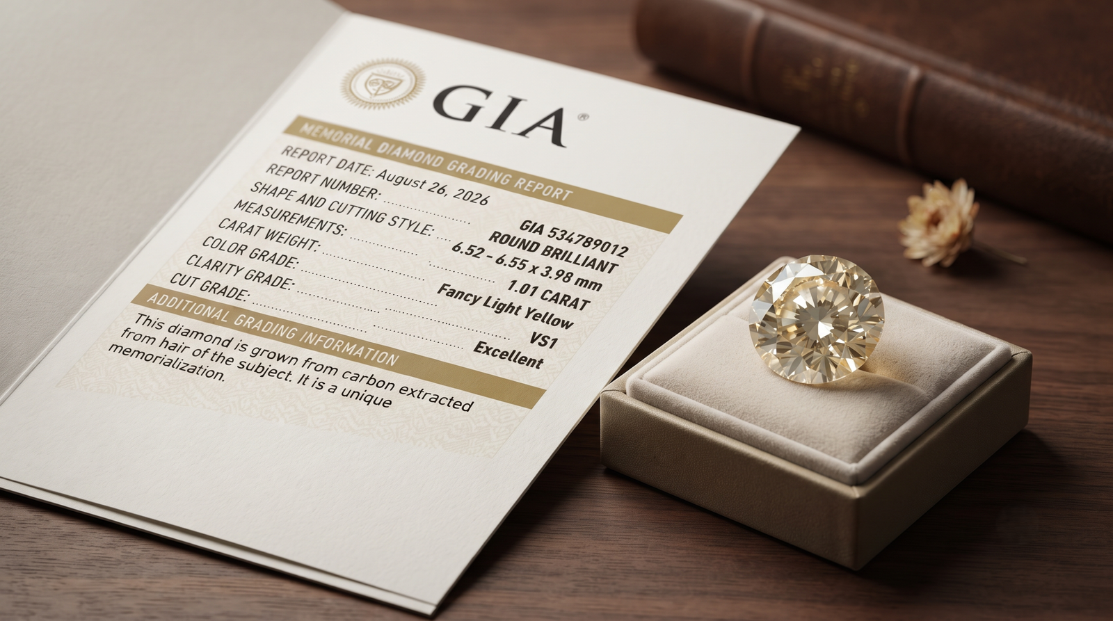 Finished yellow-toned memorial diamond grown from hair, beside its grading report