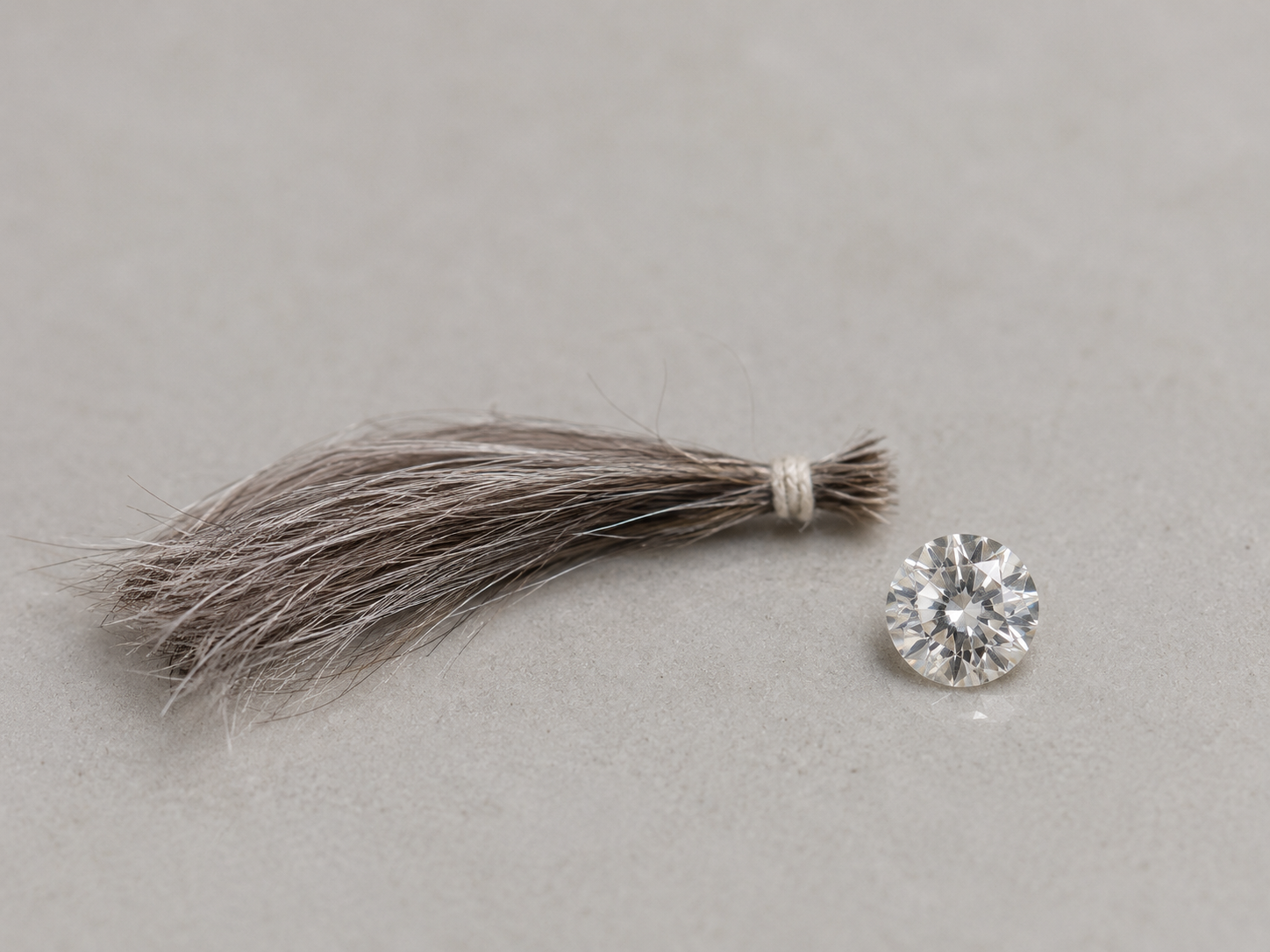 A small cut lock of gray hair tied with thread beside a loose lab-grown memorial diamond on a plain surface