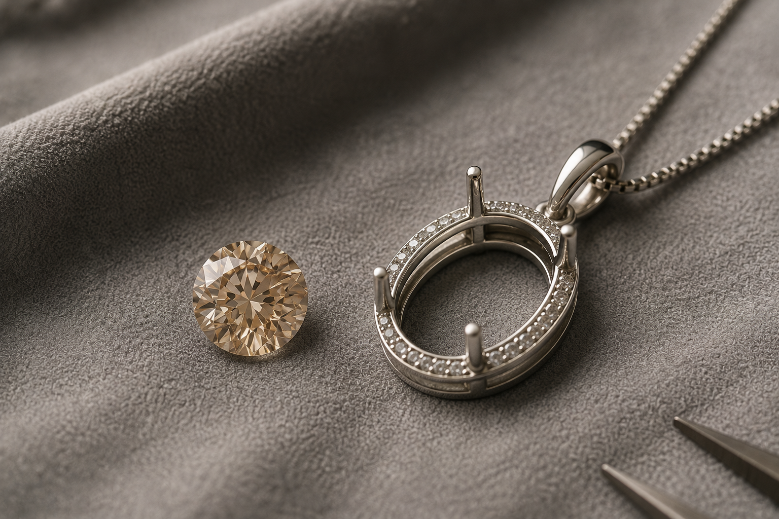 Loose memorial diamond beside an empty pendant setting on a jeweler's cloth