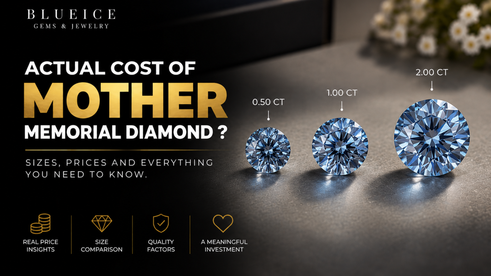 Loose memorial diamonds in three carat sizes arranged on a plain surface for scale
