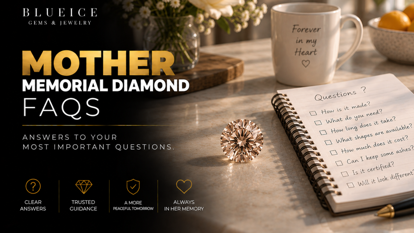 Loose champagne-toned memorial diamond beside a notebook of handwritten questions on a kitchen table