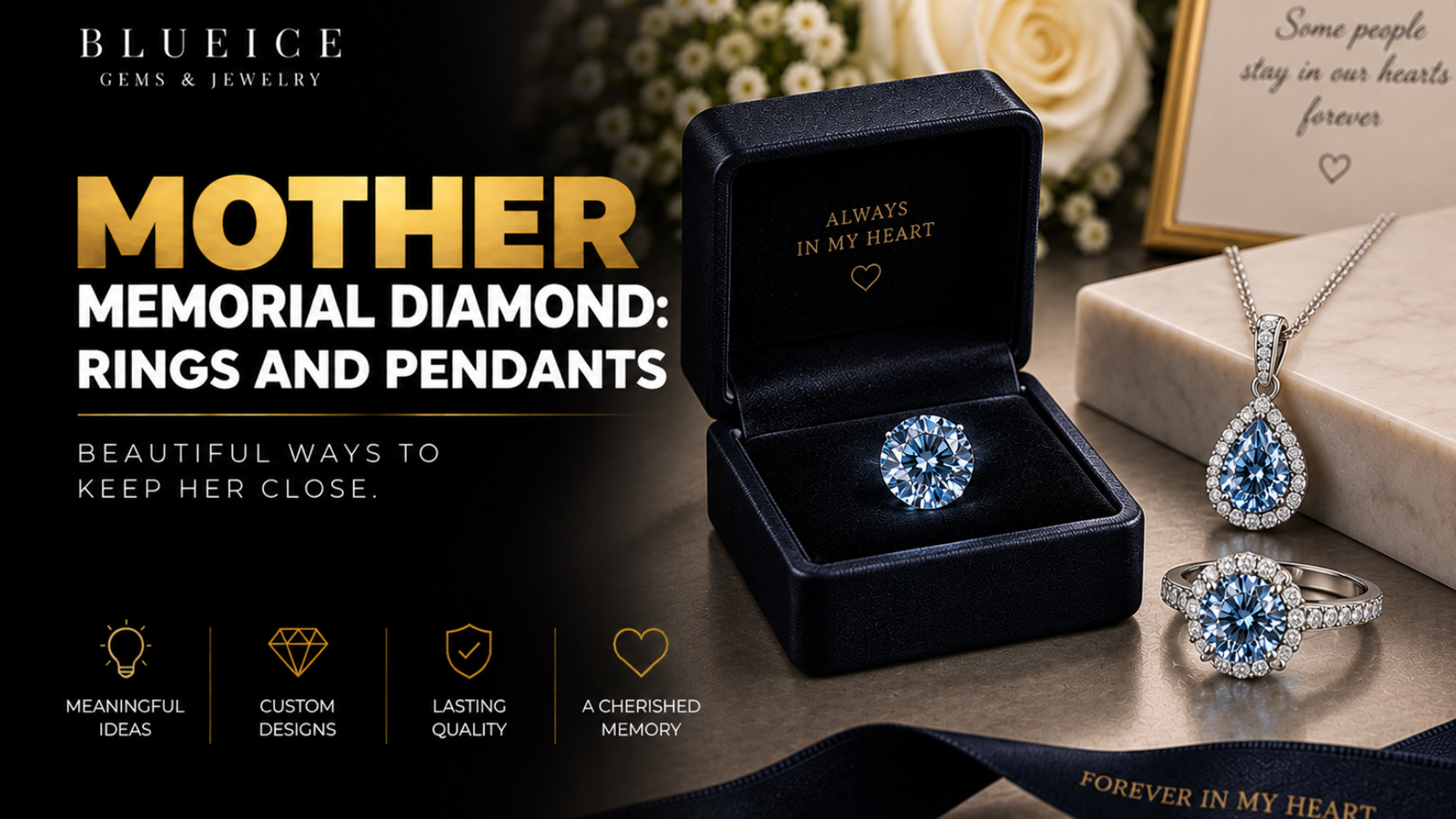 Loose memorial diamond in an open presentation case beside a pendant and a ring