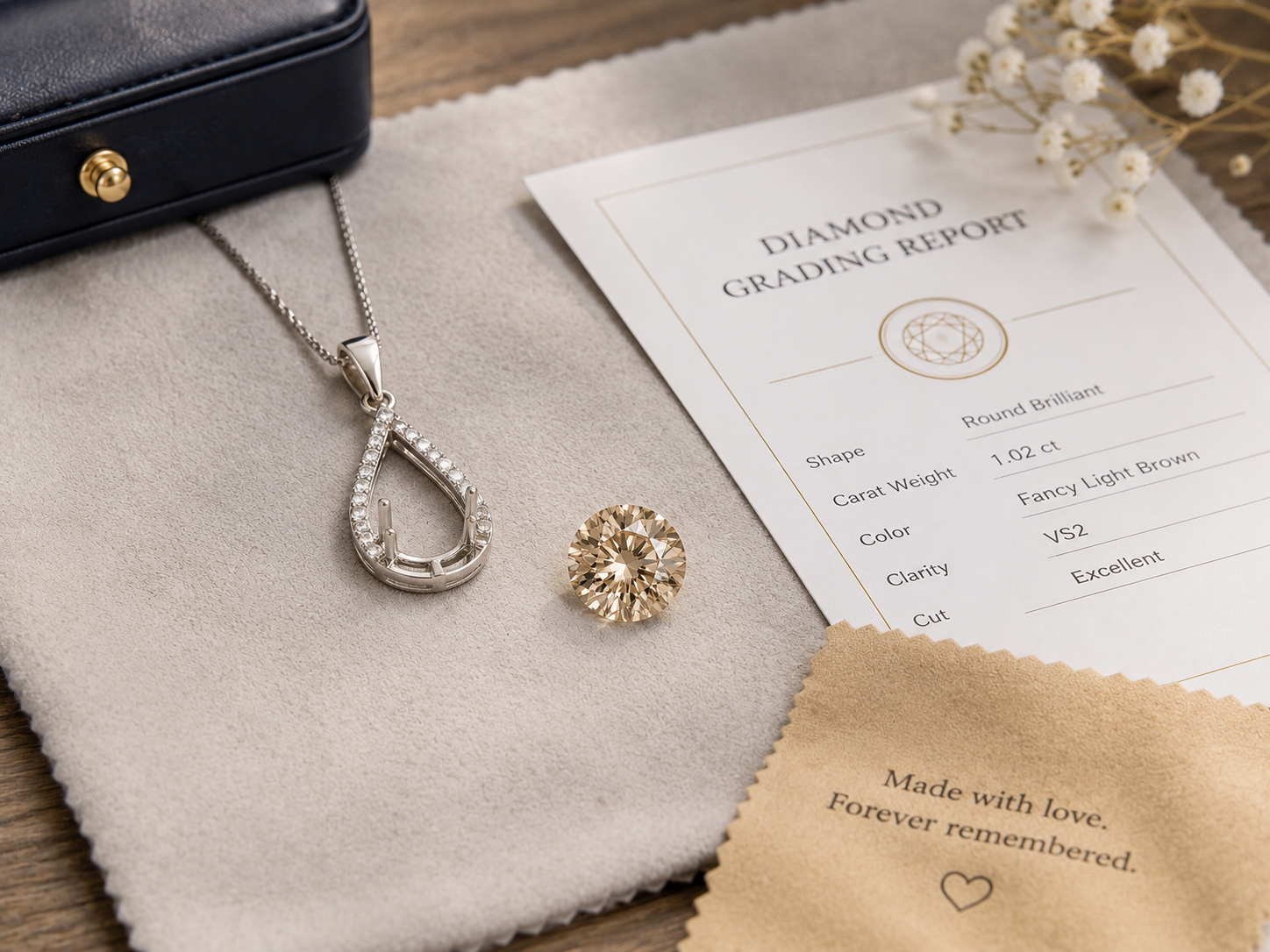 Loose memorial diamond beside a pendant setting and a grading report on a jeweler's cloth