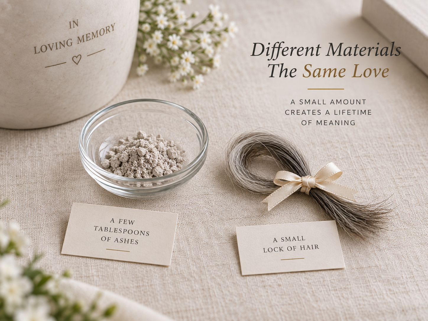 Small portion of cremated ashes in a glass dish beside a ribbon-tied lock of grey hair on a pale linen surface