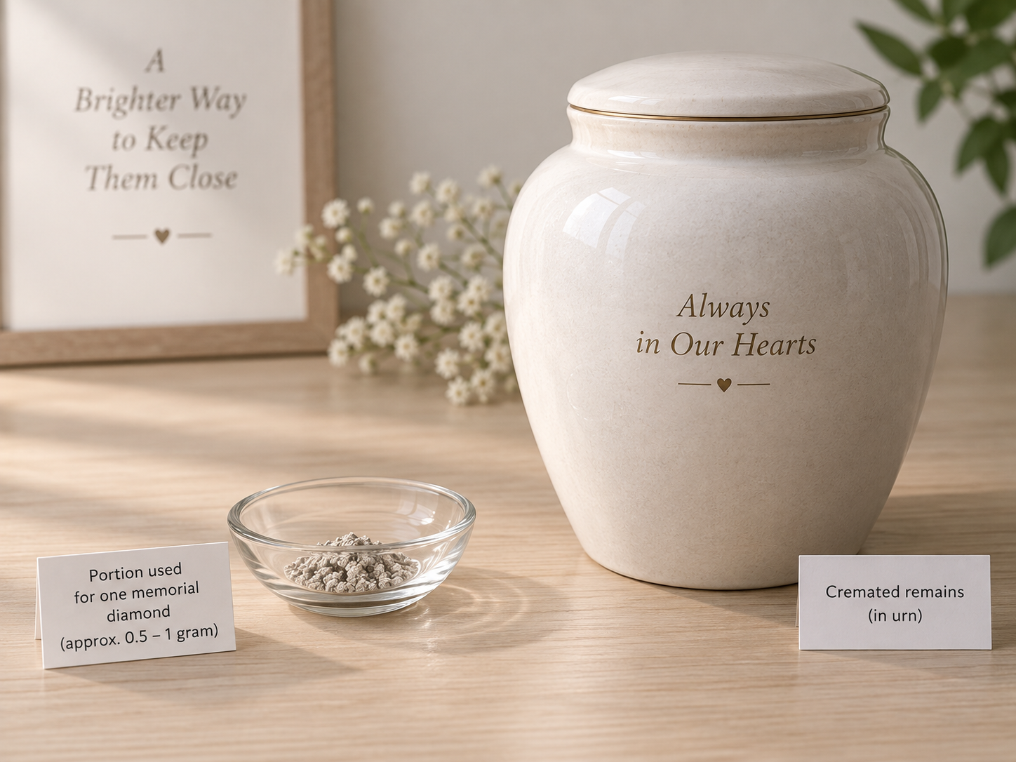 Small measured portion of cremated ashes in a clean glass dish beside a closed ceramic urn on a pale wooden table