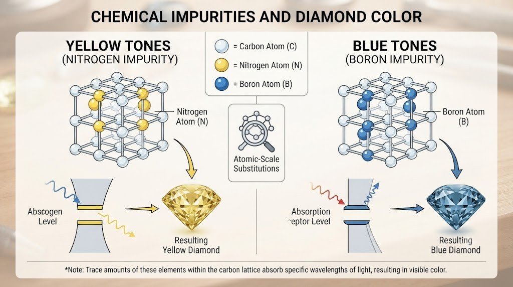 A simple diagram showing nitrogen producing yellow tones and boron producing blue tones in a diamond lattice