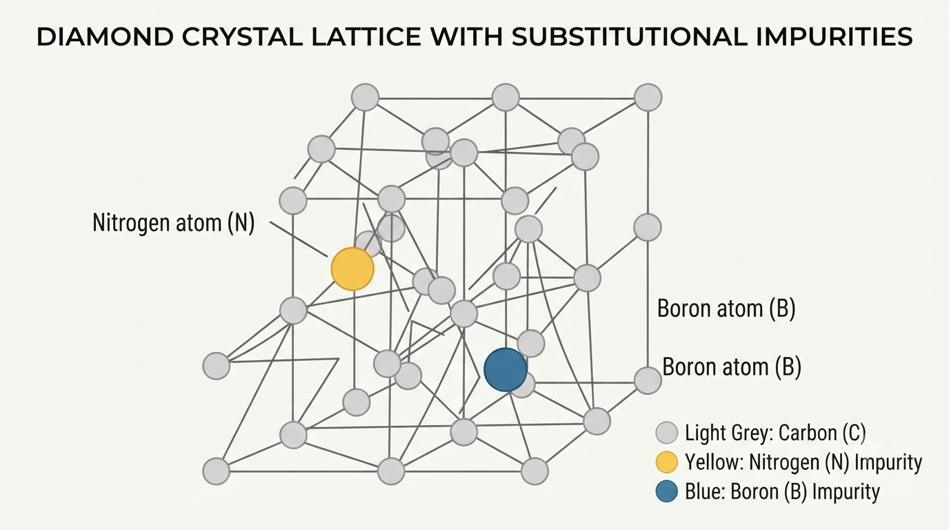 Simple diagram of a diamond crystal lattice with a nitrogen atom and a boron atom marked in the carbon structure
