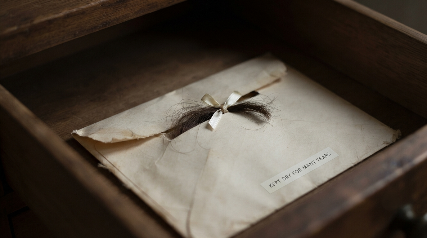 An aged paper envelope containing a lock of hair, kept dry in a drawer for many years