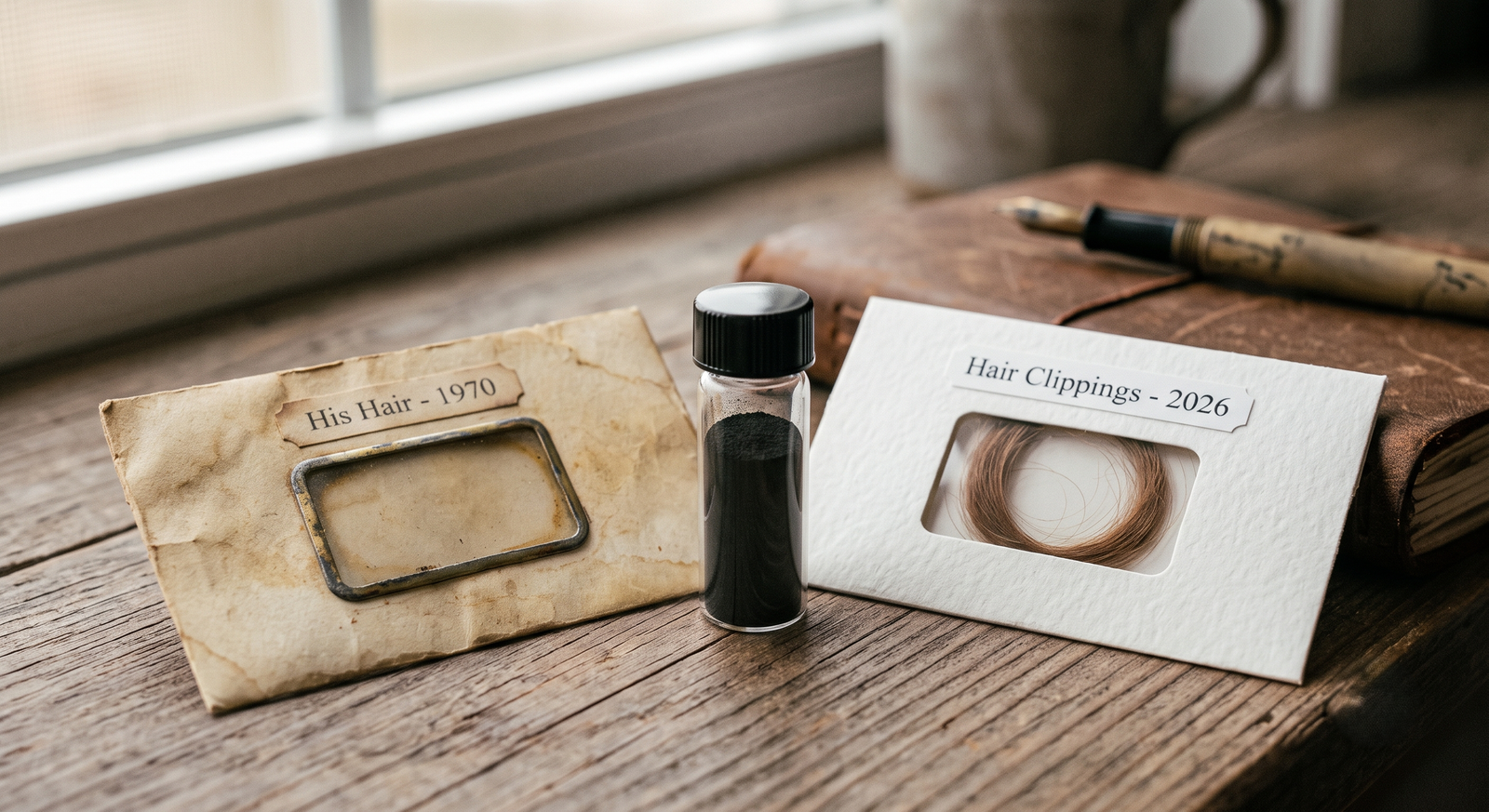 Two envelopes of hair, one visibly older and yellowed, one new, with a small vial of purified carbon between them