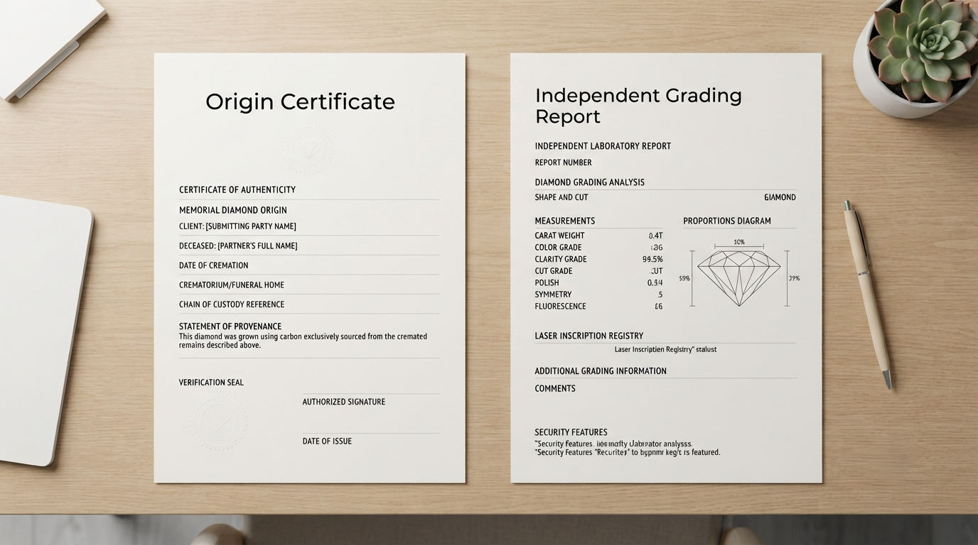 Two documents side by side on a desk, an origin certificate and an independent grading report, showing the different jobs each one does