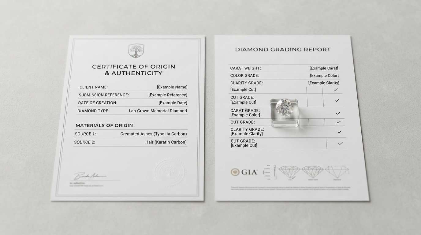An origin certificate listing two materials beside an independent grading report, with a loose diamond on top