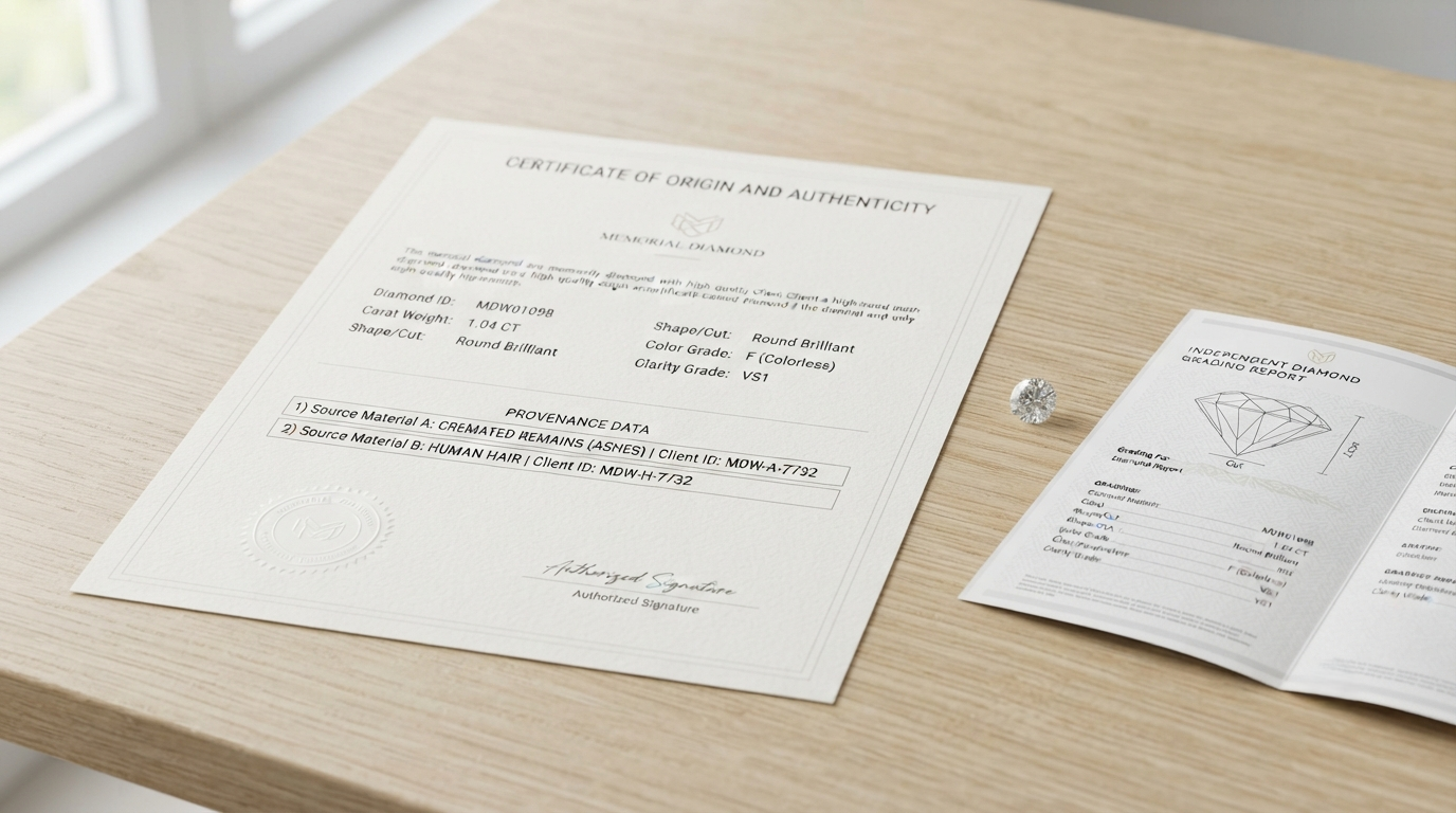 An origin certificate on a desk with two material lines visible, beside a loose diamond on its grading report