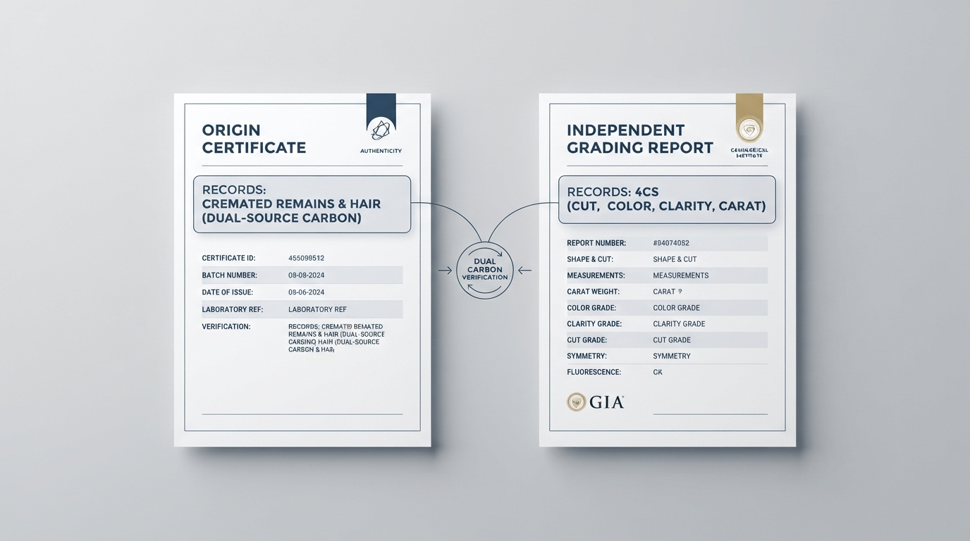 An origin certificate and an independent grading report laid side by side, showing which document records the source materials