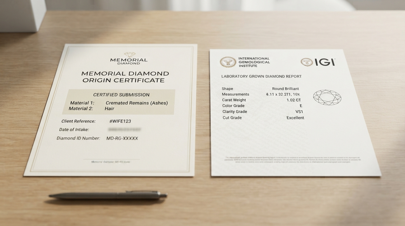 An origin certificate on a desk with two material lines visible, next to an independent grading report