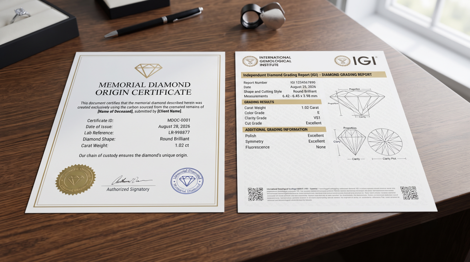 An in-house origin certificate and an independent grading report side by side on a desk