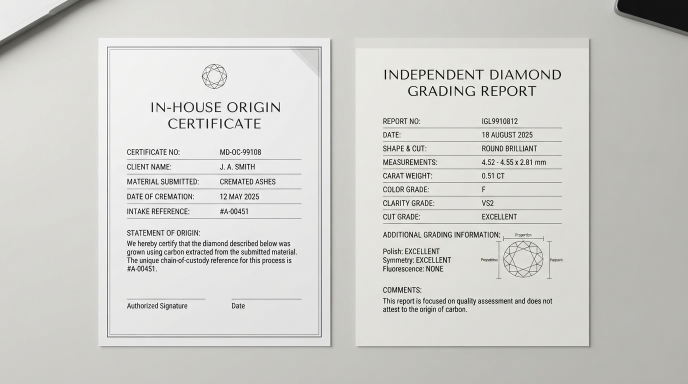 An in-house origin certificate and an independent grading report laid side by side on a desk