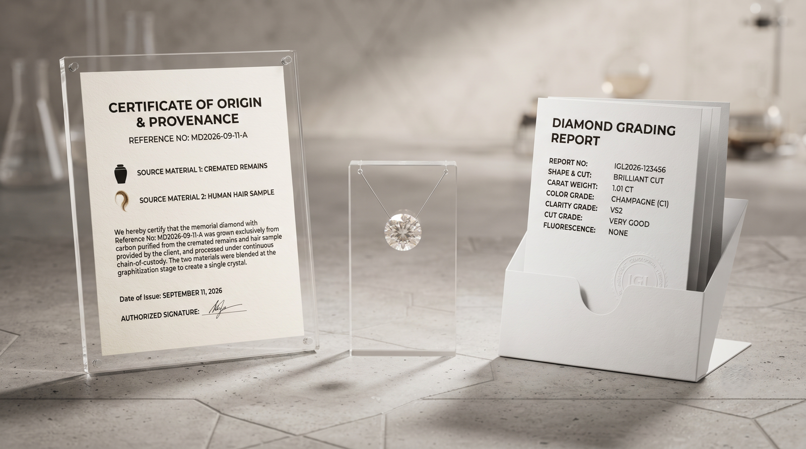 An origin document listing two source materials beside a loose memorial diamond and a grading report