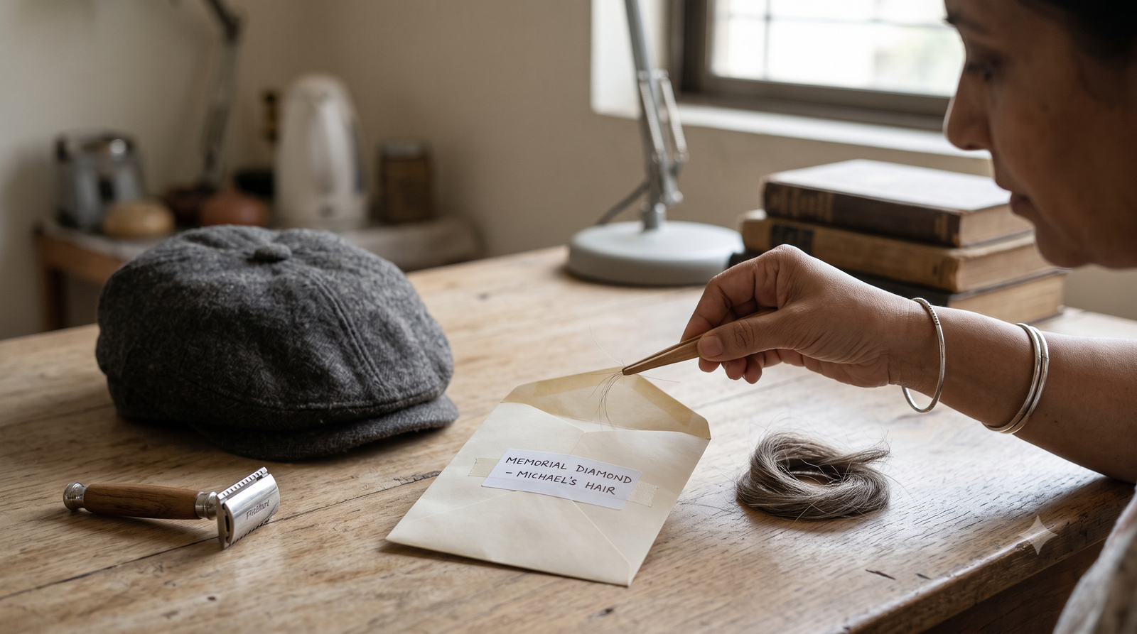 A razor and a cap beside a labelled envelope, with a few strands being added