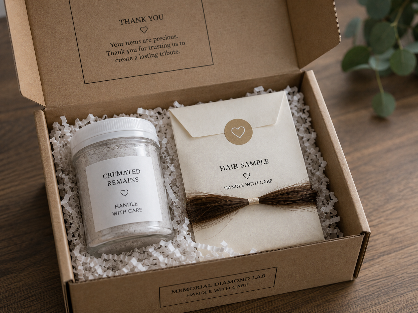 Rigid sealed container of cremated remains and a tied lock of hair in a paper envelope, each labeled, packed in one outer shipping box