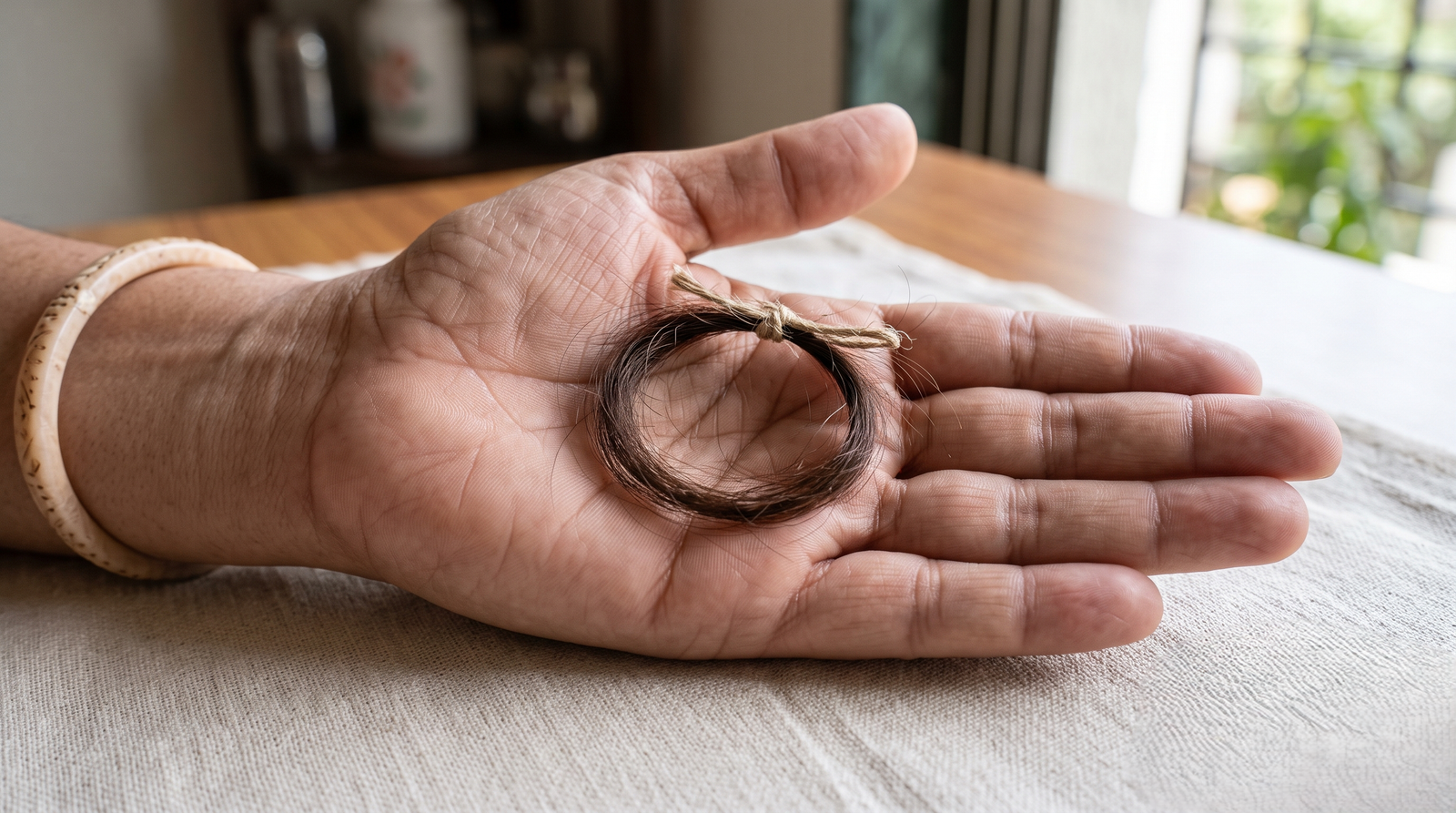 A small lock of hair resting in an open palm | Stock acceptable; shows the minimum at true scale