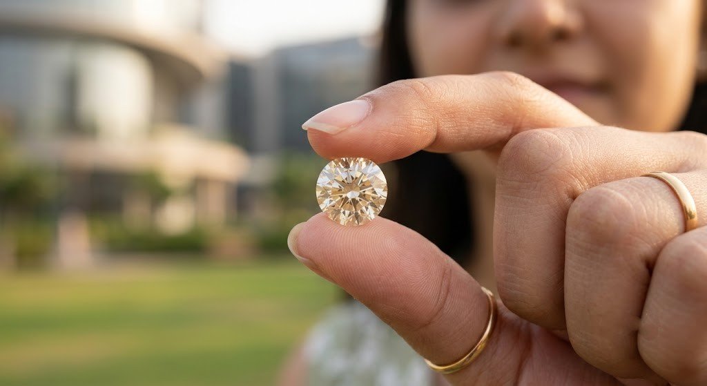 A partner ashes diamond shown as a single loose polished stone held between finger and thumb in daylight