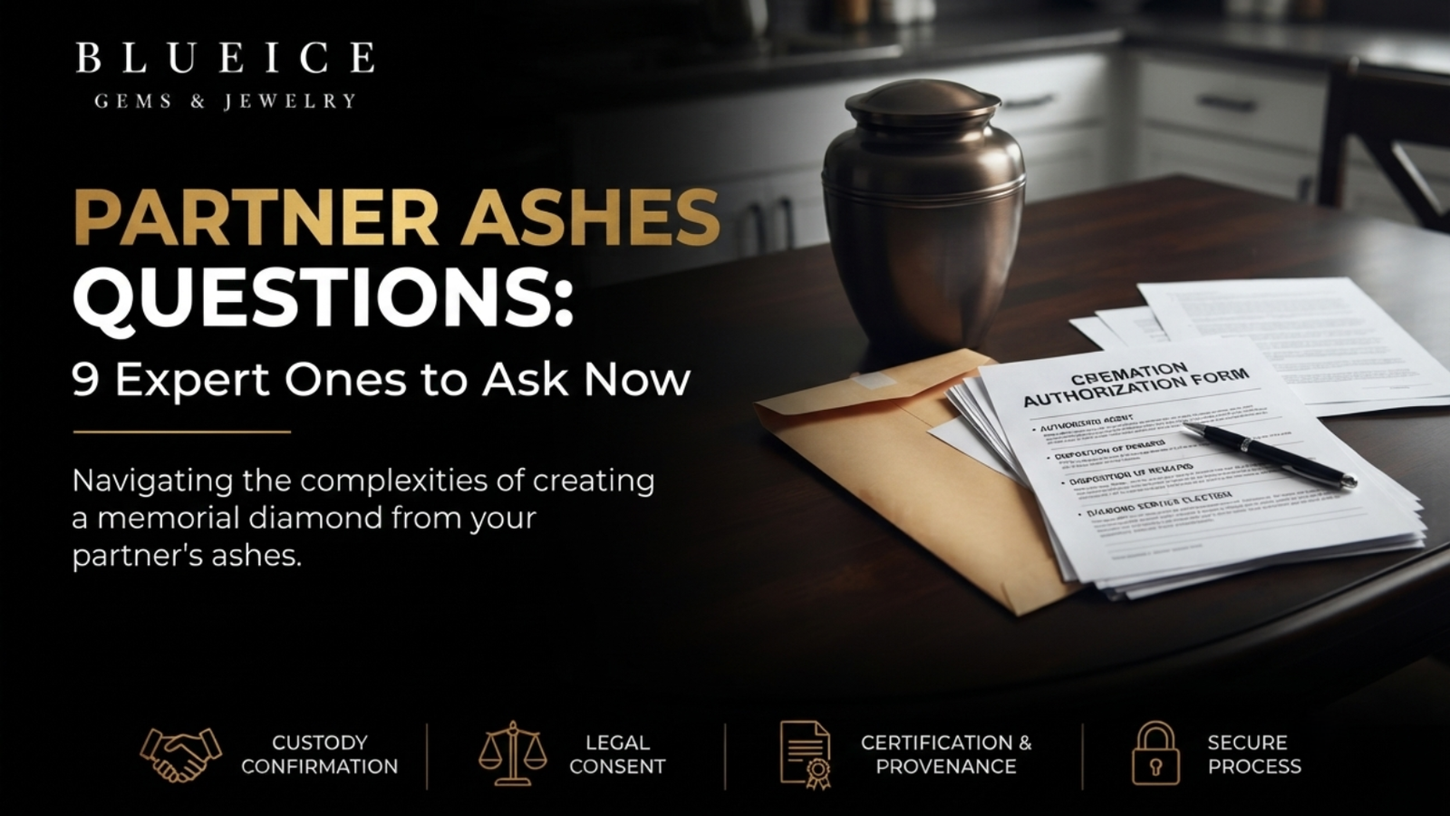 A cremation authorization form on a kitchen table beside a closed urn, the paperwork behind the partner ashes diamond questions that decide custody