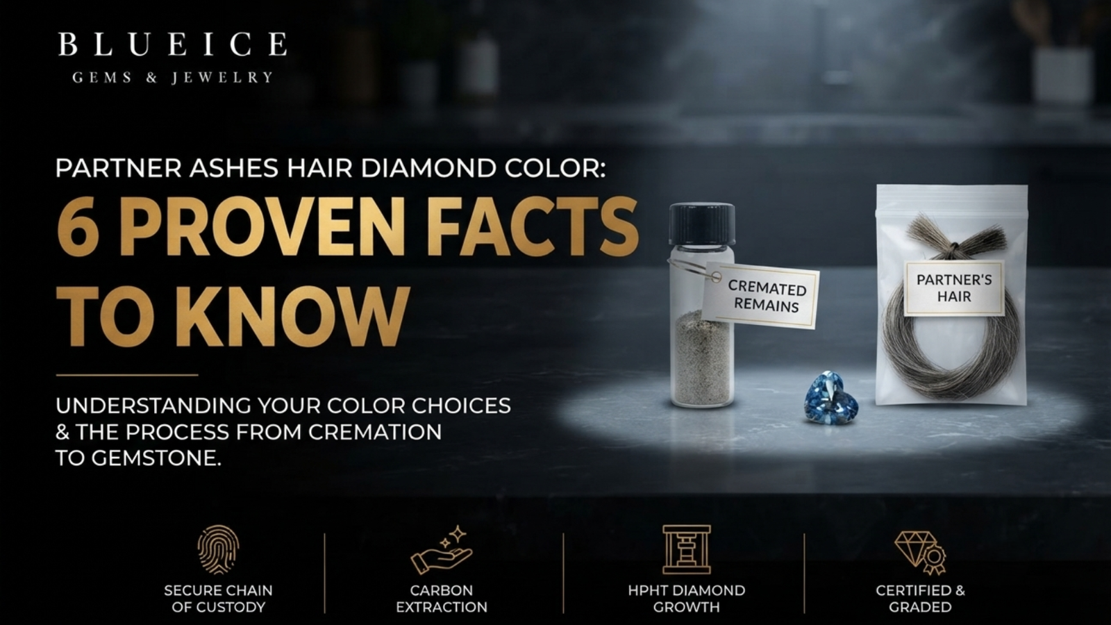 Partner ashes hair diamond color decision shown as two labeled parcels, one of cremated remains and one holding a lock of hair, on a kitchen table