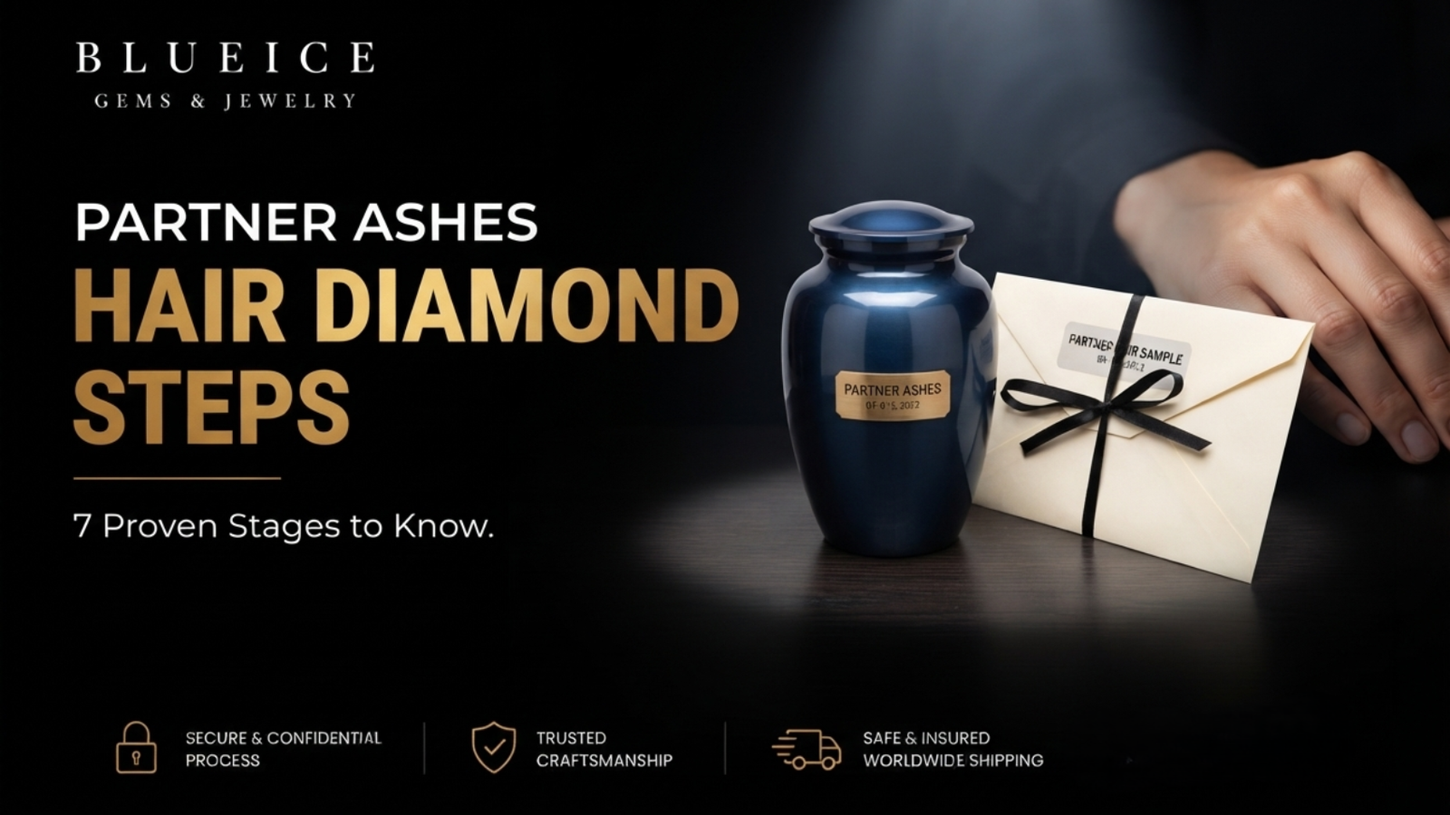 A sealed ash container and a labeled hair envelope side by side on a table, the two parallel inputs to the partner ashes hair diamond steps