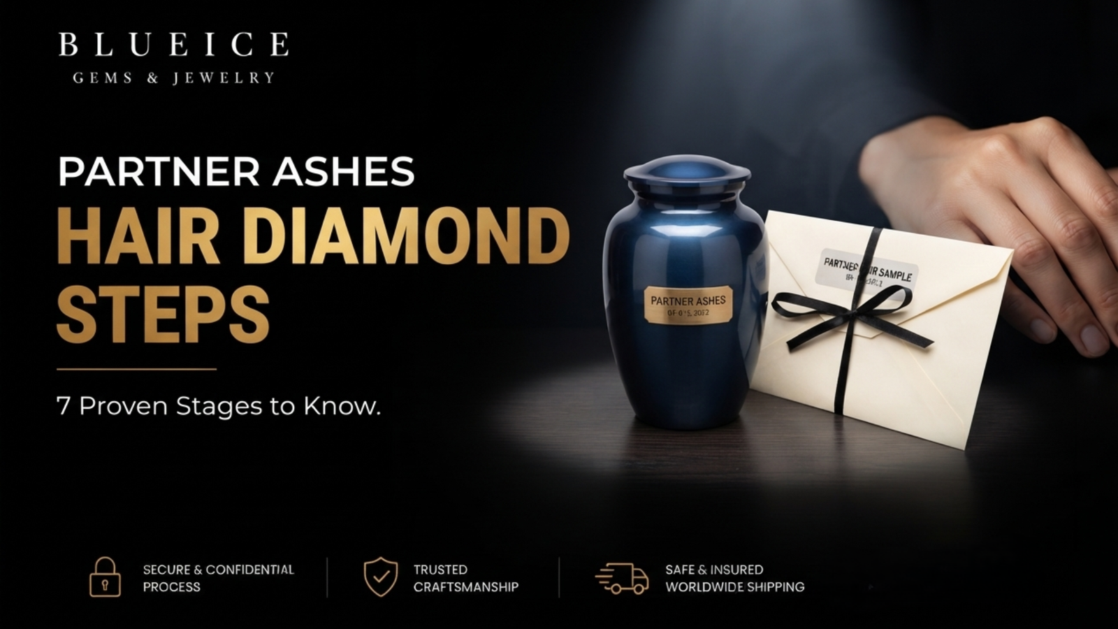 A sealed ash container and a labeled hair envelope side by side on a table, the two parallel inputs to the partner ashes hair diamond steps